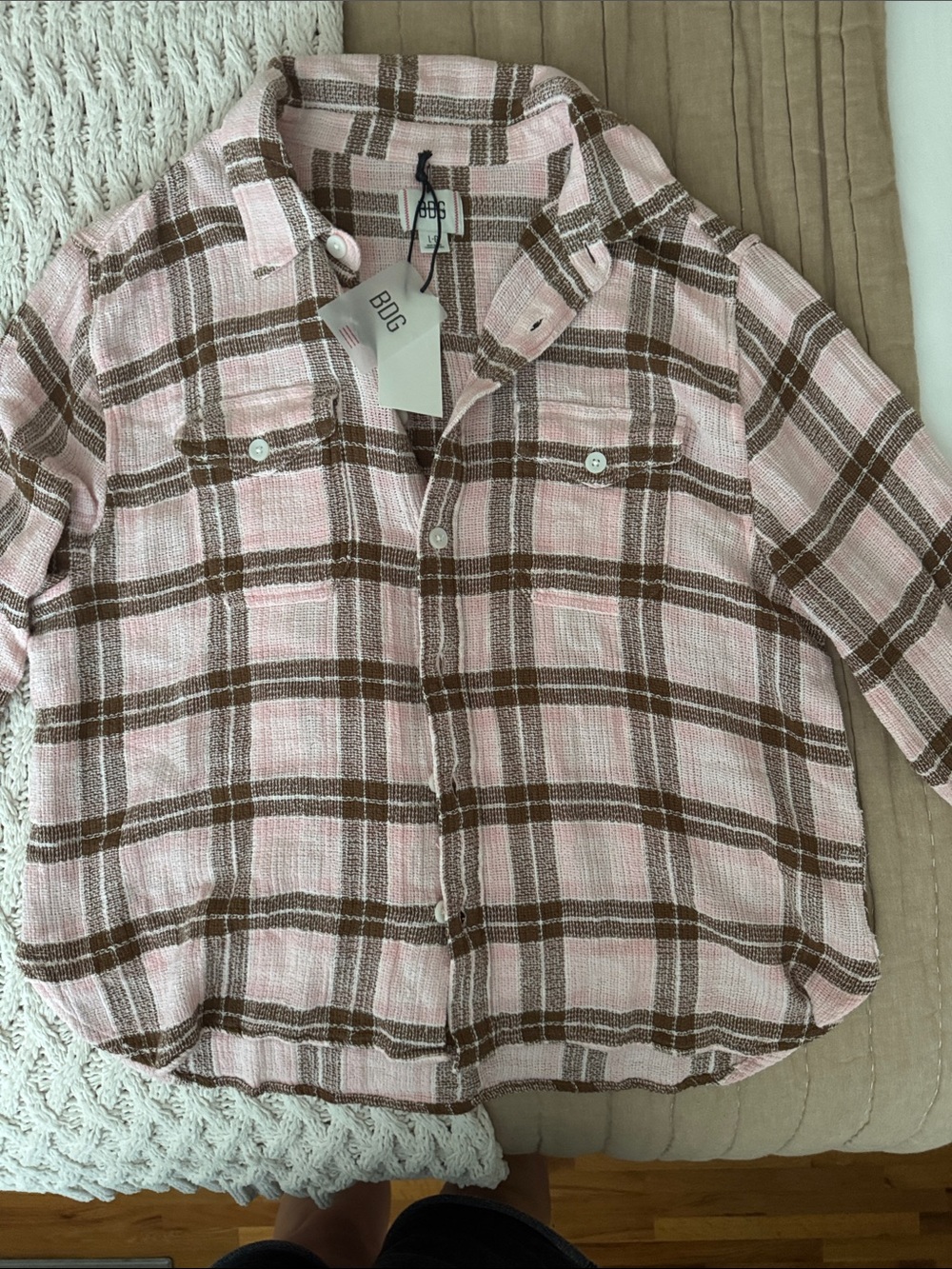 BDG Pink and Brown Plaid Textured Button-Down Shirt